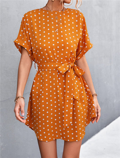 Anna-Kaci Women's Short Sleeve Polka Dot Mini Dress with Waist Tie Belt and Relaxed Fit