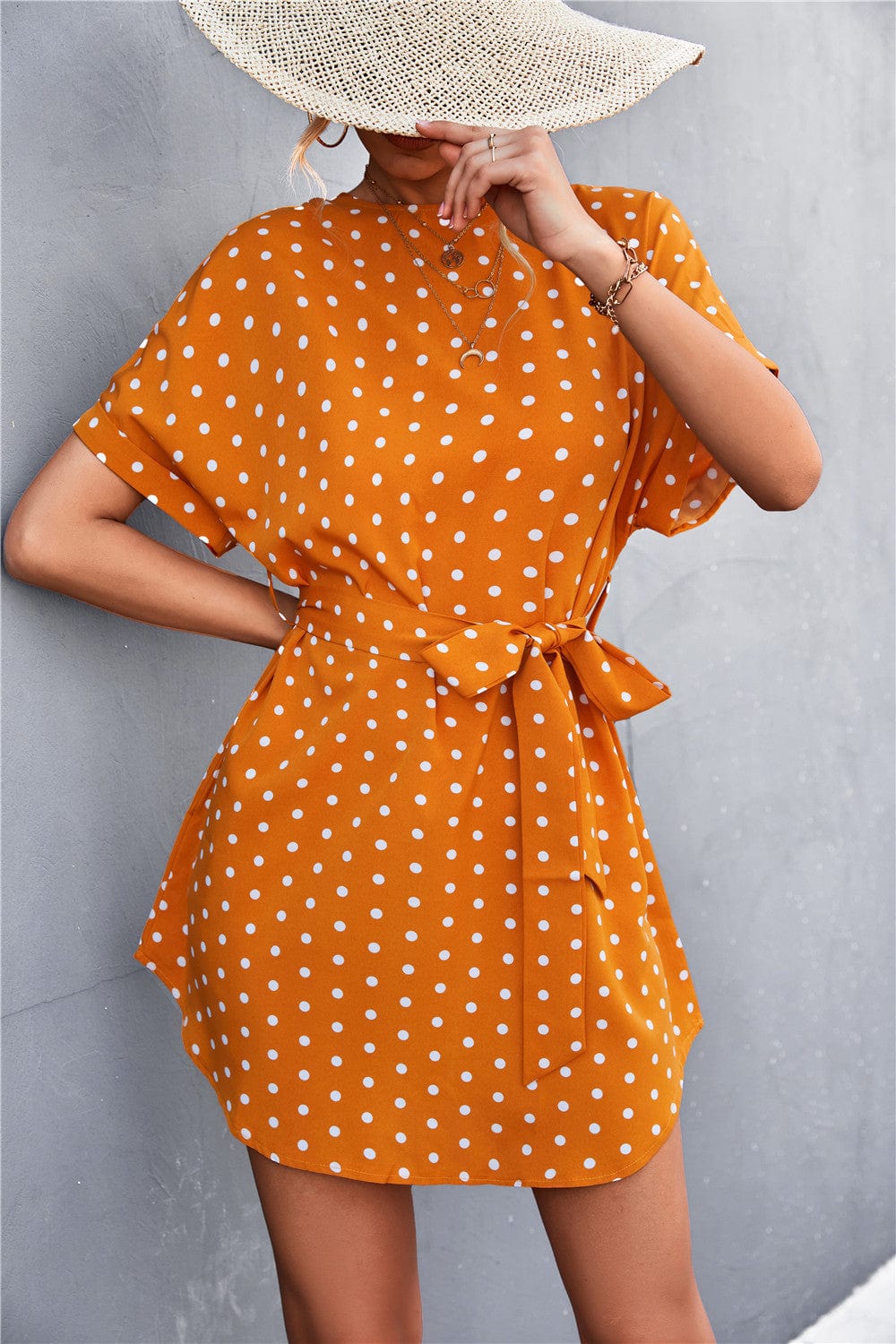 Anna-Kaci Women's Short Sleeve Polka Dot Mini Dress with Waist Tie Belt and Relaxed Fit