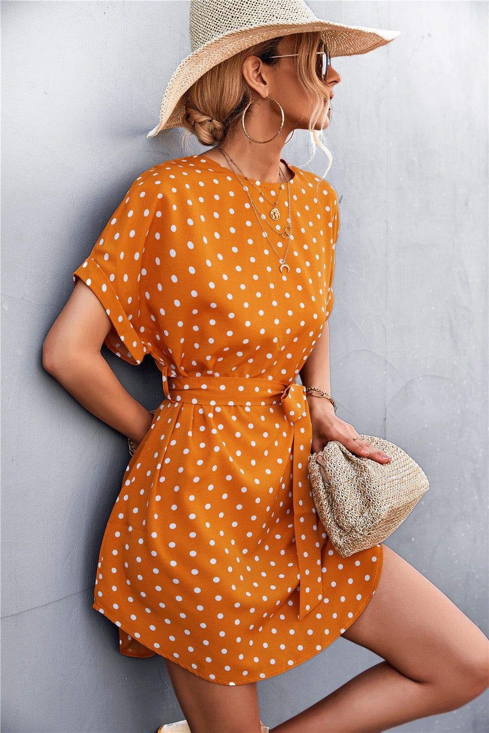 Anna-Kaci Women's Short Sleeve Polka Dot Mini Dress with Waist Tie Belt and Relaxed Fit