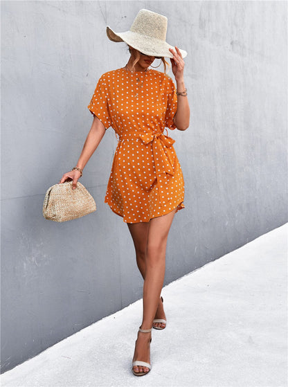 Anna-Kaci Women's Short Sleeve Polka Dot Mini Dress with Waist Tie Belt and Relaxed Fit