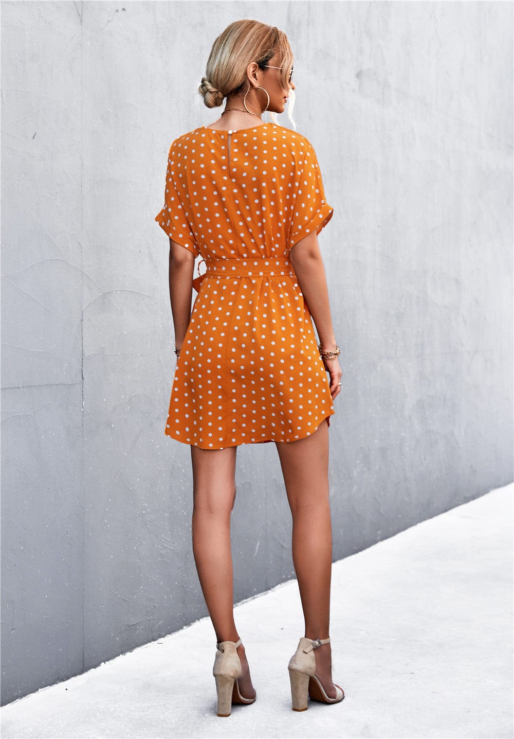 Anna-Kaci Women's Short Sleeve Polka Dot Mini Dress with Waist Tie Belt and Relaxed Fit