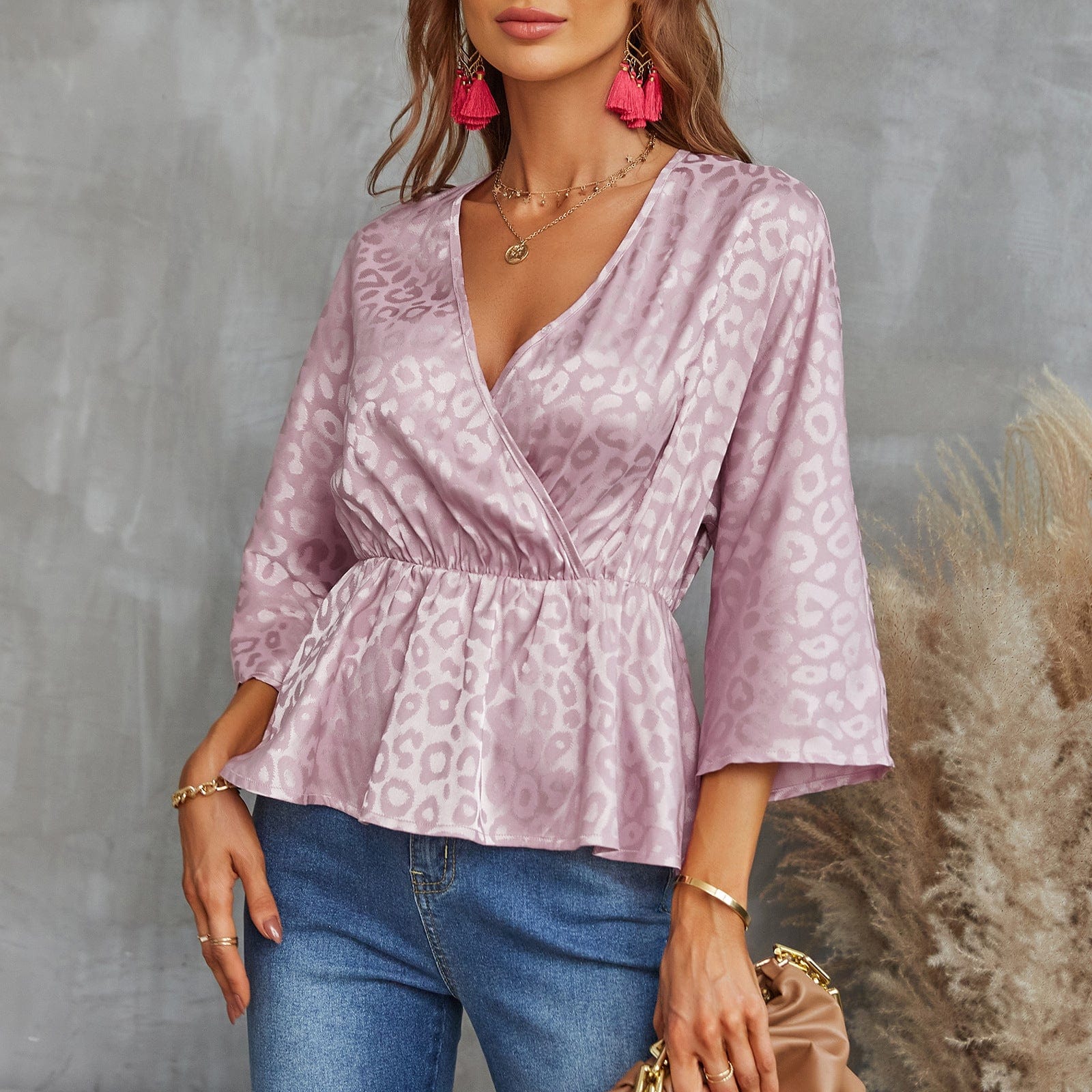Leopard Surplice Neck Peplum Blouse
