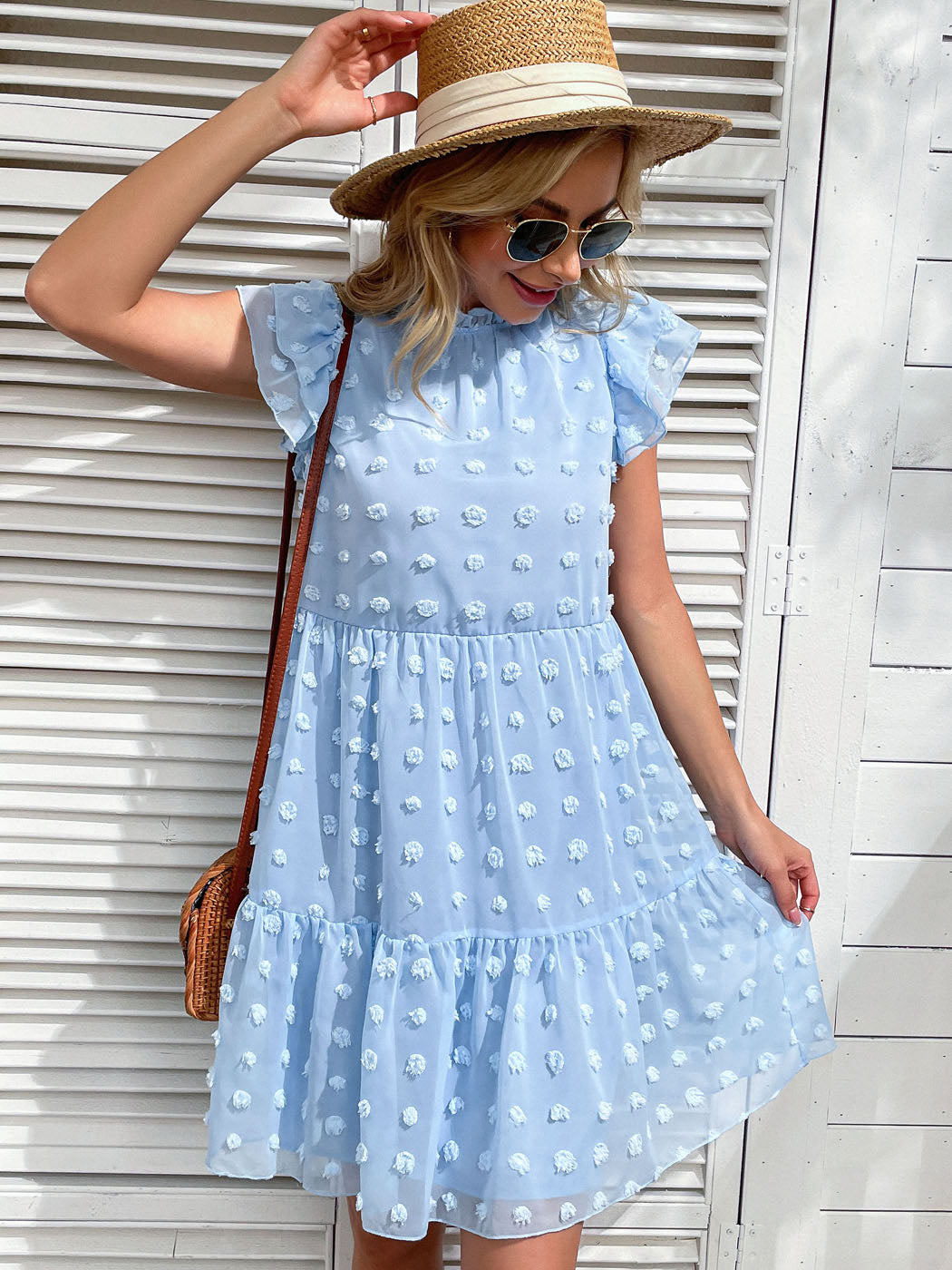 Vestido informal de verano con lunares suizos, cuello alto, manga corta y volantes, holgado