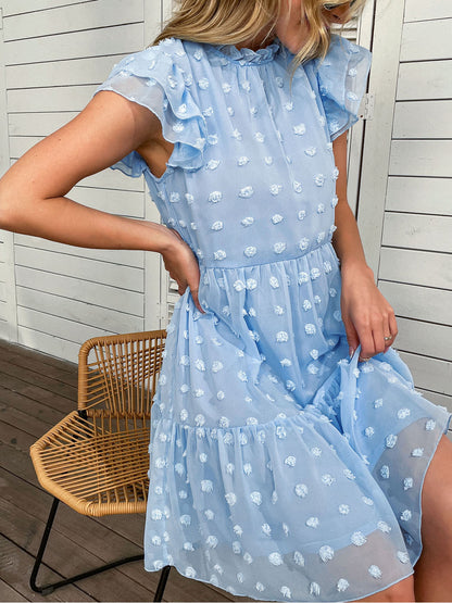 Vestido informal de verano con lunares suizos, cuello alto, manga corta y volantes, holgado