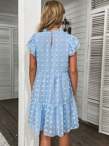 Vestido informal de verano con lunares suizos, cuello alto, manga corta y volantes, holgado