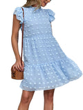 Vestido informal de verano con lunares suizos, cuello alto, manga corta y volantes, holgado