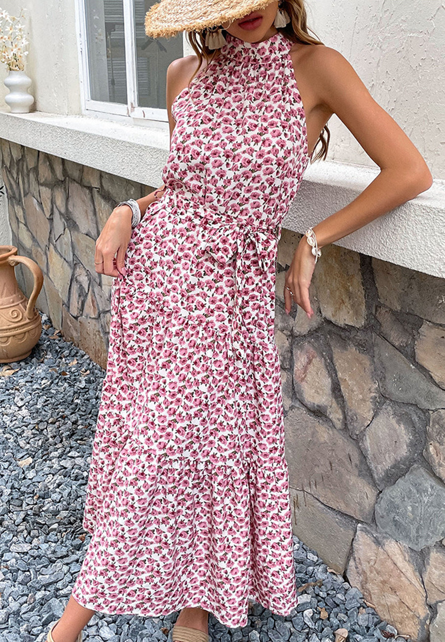 Vestido con cuello halter y lazo en la espalda