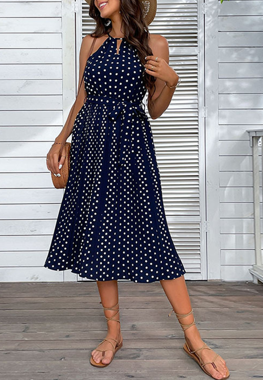 Keyhole Front Halter Polka Dot Print Dress for Women Knee Length