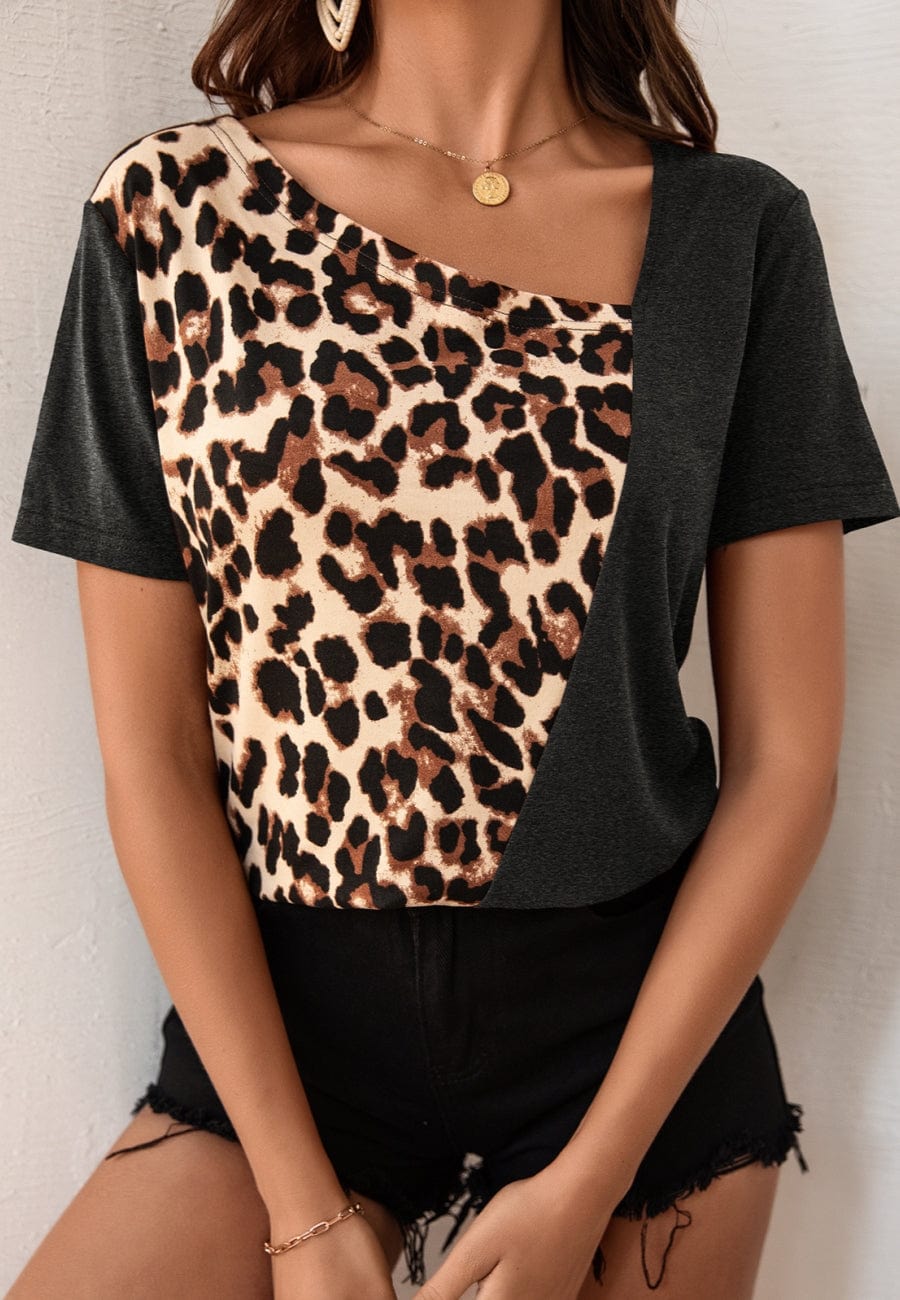 Anna-Kaci Women's Short Sleeve Leopard Print Contrast Panel Pullover Top with Scoop Neck