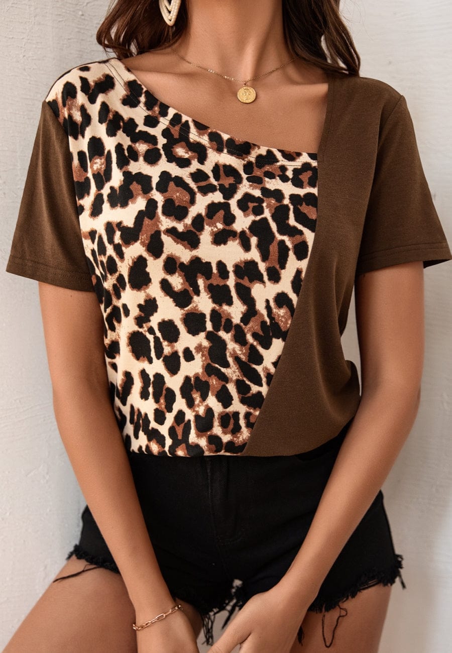 Anna-Kaci Women's Short Sleeve Leopard Print Contrast Panel Pullover Top with Scoop Neck