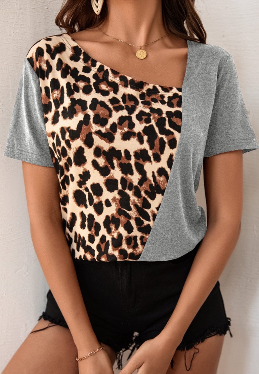 Anna-Kaci Women's Short Sleeve Leopard Print Contrast Panel Pullover Top with Scoop Neck