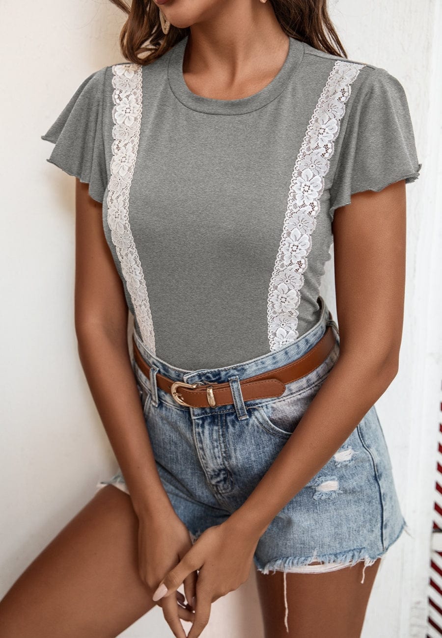 Lace Trim Flutter Sleeve Blouse