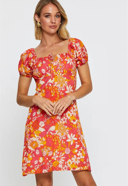 Tropical Floral Puff Sleeve Dress