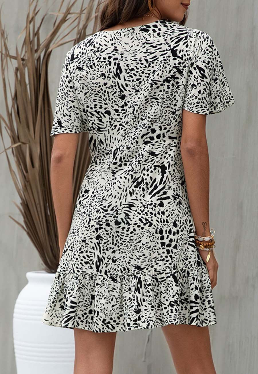 Anna-Kaci Women's Short Sleeve V-Neck Mini Dress with Ruffle Hem and Abstract Print