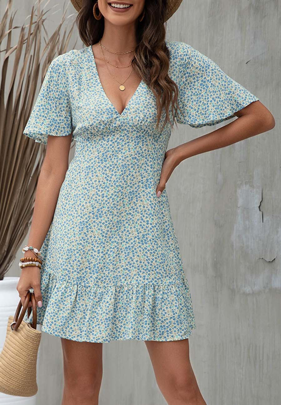 Anna-Kaci Women's Short Sleeve V-Neck Mini Dress with Ruffle Hem and Abstract Print