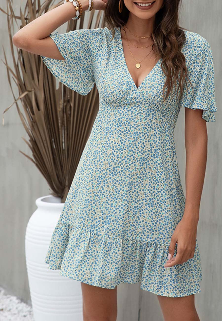 Anna-Kaci Women's Short Sleeve V-Neck Mini Dress with Ruffle Hem and Abstract Print