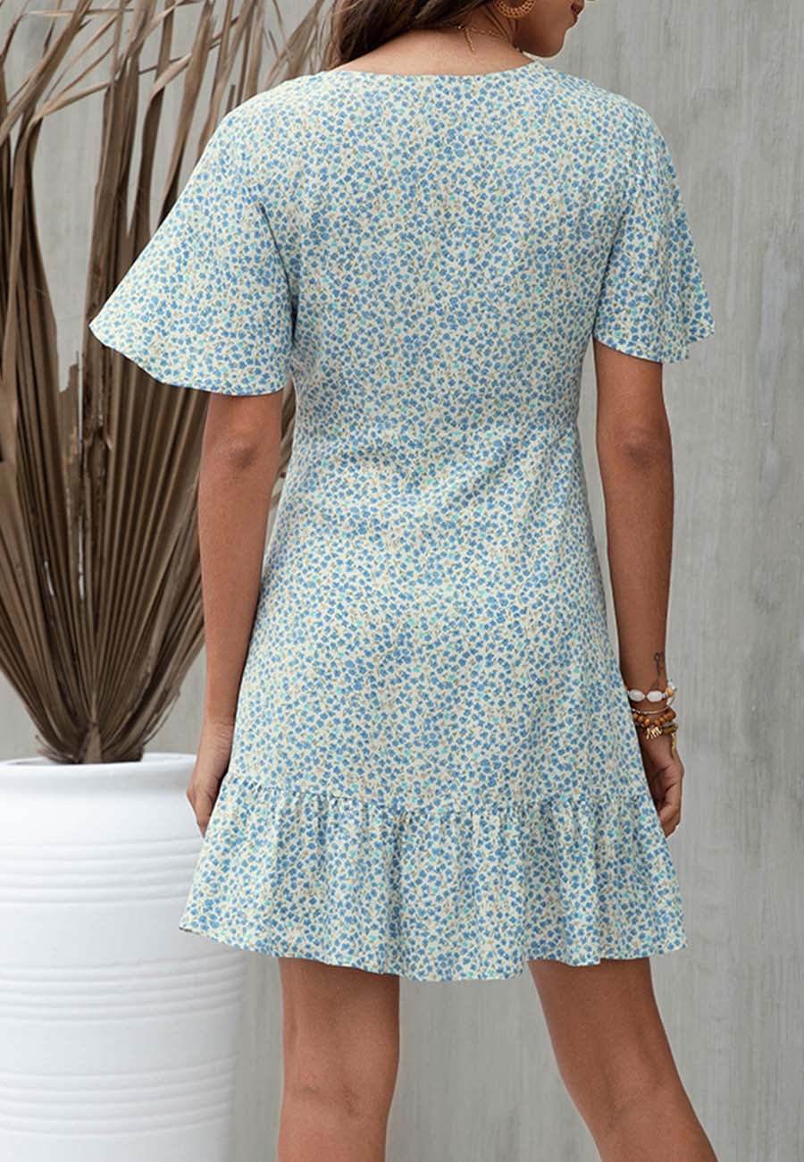 Anna-Kaci Women's Short Sleeve V-Neck Mini Dress with Ruffle Hem and Abstract Print