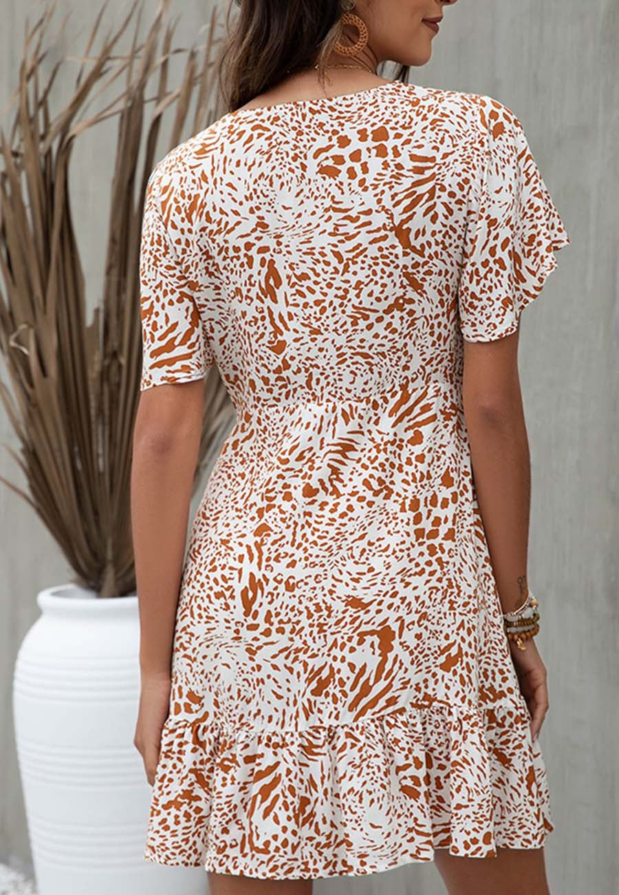 Anna-Kaci Women's Short Sleeve V-Neck Mini Dress with Ruffle Hem and Abstract Print