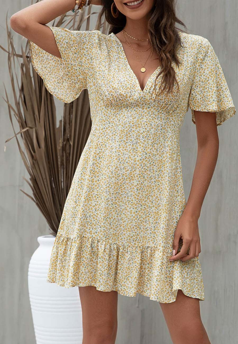 Anna-Kaci Women's Short Sleeve V-Neck Mini Dress with Ruffle Hem and Abstract Print