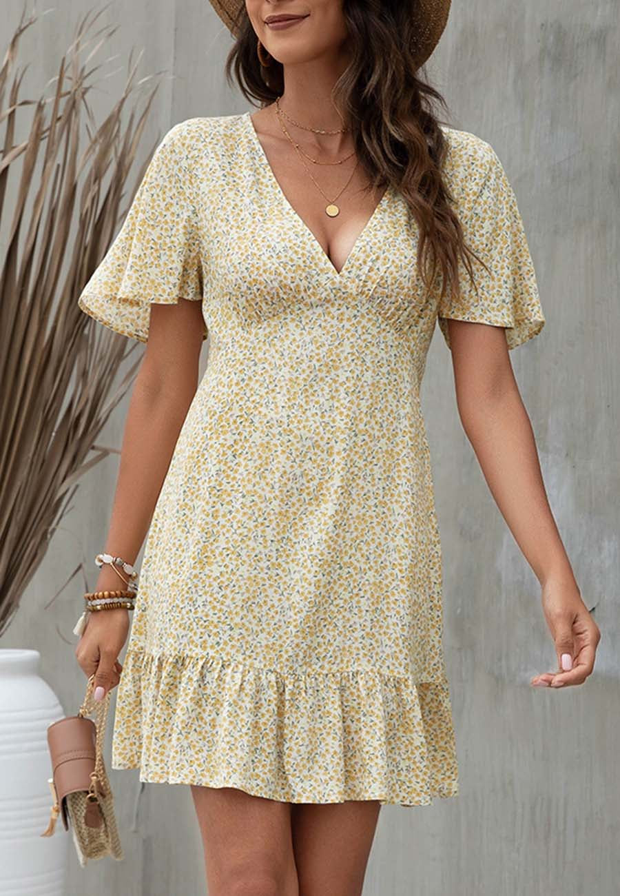 Anna-Kaci Women's Short Sleeve V-Neck Mini Dress with Ruffle Hem and Abstract Print