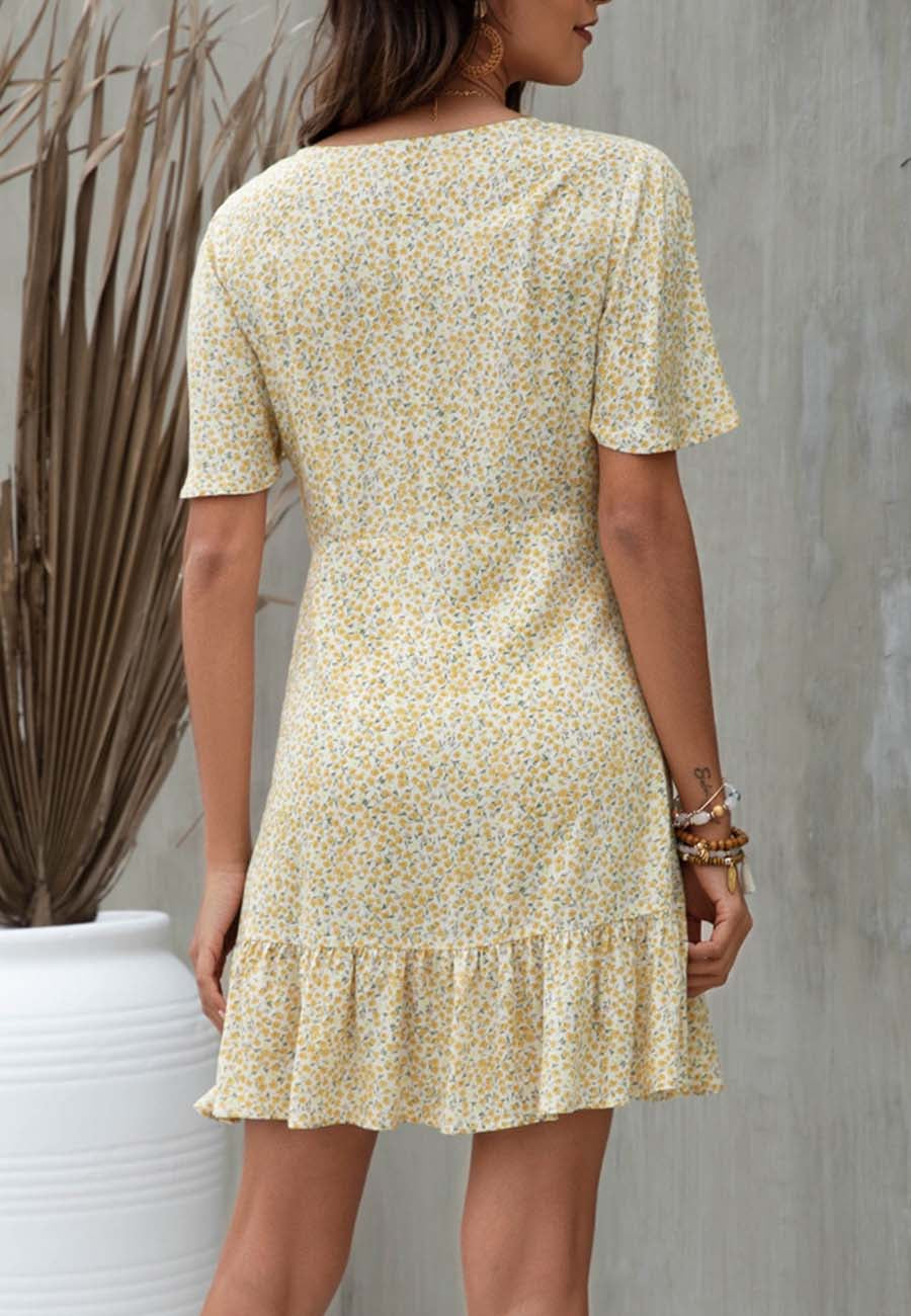 Anna-Kaci Women's Short Sleeve V-Neck Mini Dress with Ruffle Hem and Abstract Print