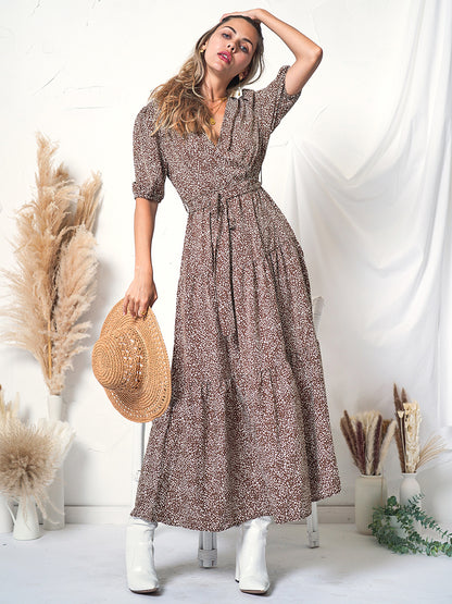 Vestido cruzado con mangas abullonadas y estampado 