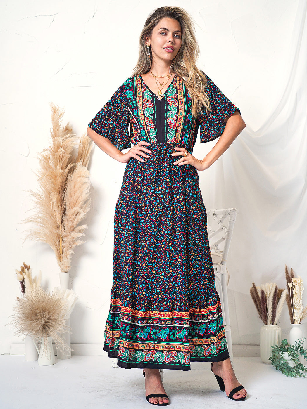 V Neck Boho Multi-Print Paisley Short Sleeve Maxi Dress for Women – Anna- Kaci