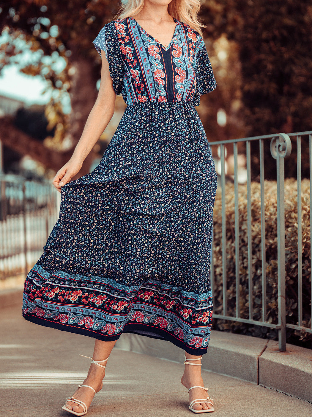 V Neck Boho Multi-Print Paisley Short Sleeve Maxi Dress for Women –  Anna-Kaci