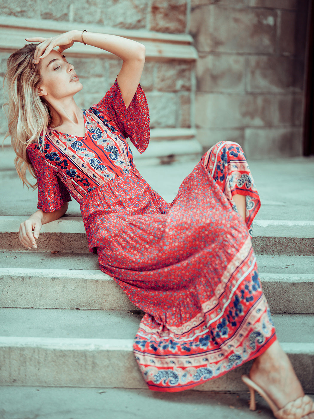 Boho Flared Sleeve Paisley Maxi Dress