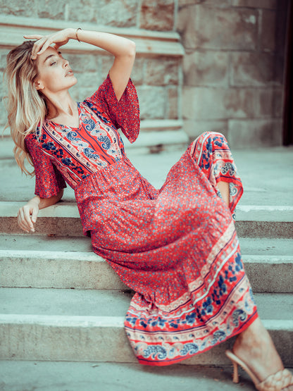 Boho Flared Sleeve Paisley Maxi Dress