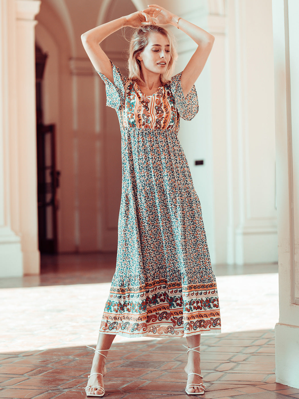 Boho Flared Sleeve Paisley Maxi Dress