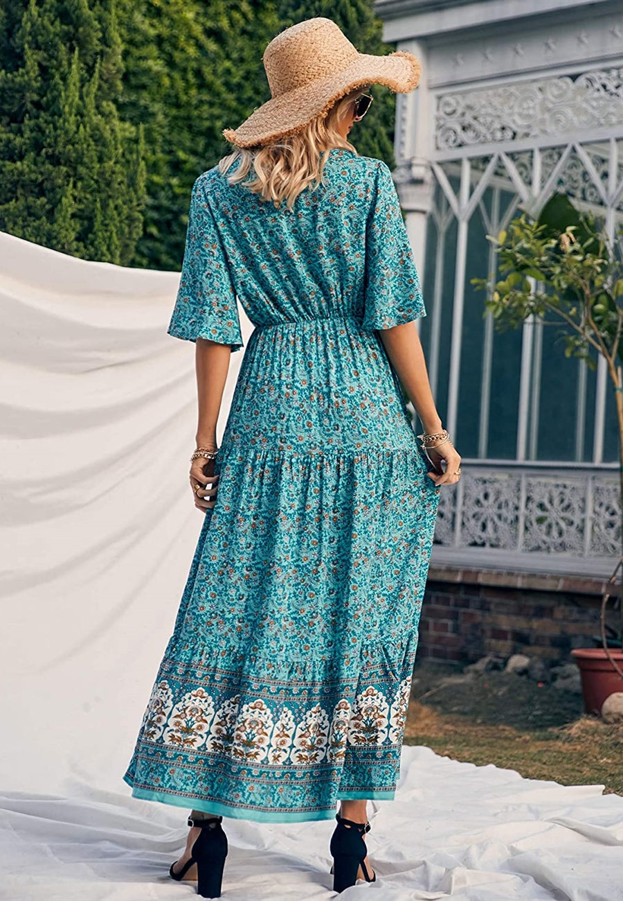 V Neck Boho Multi-Print Paisley Short Sleeve Maxi Dress for Women –  Anna-Kaci