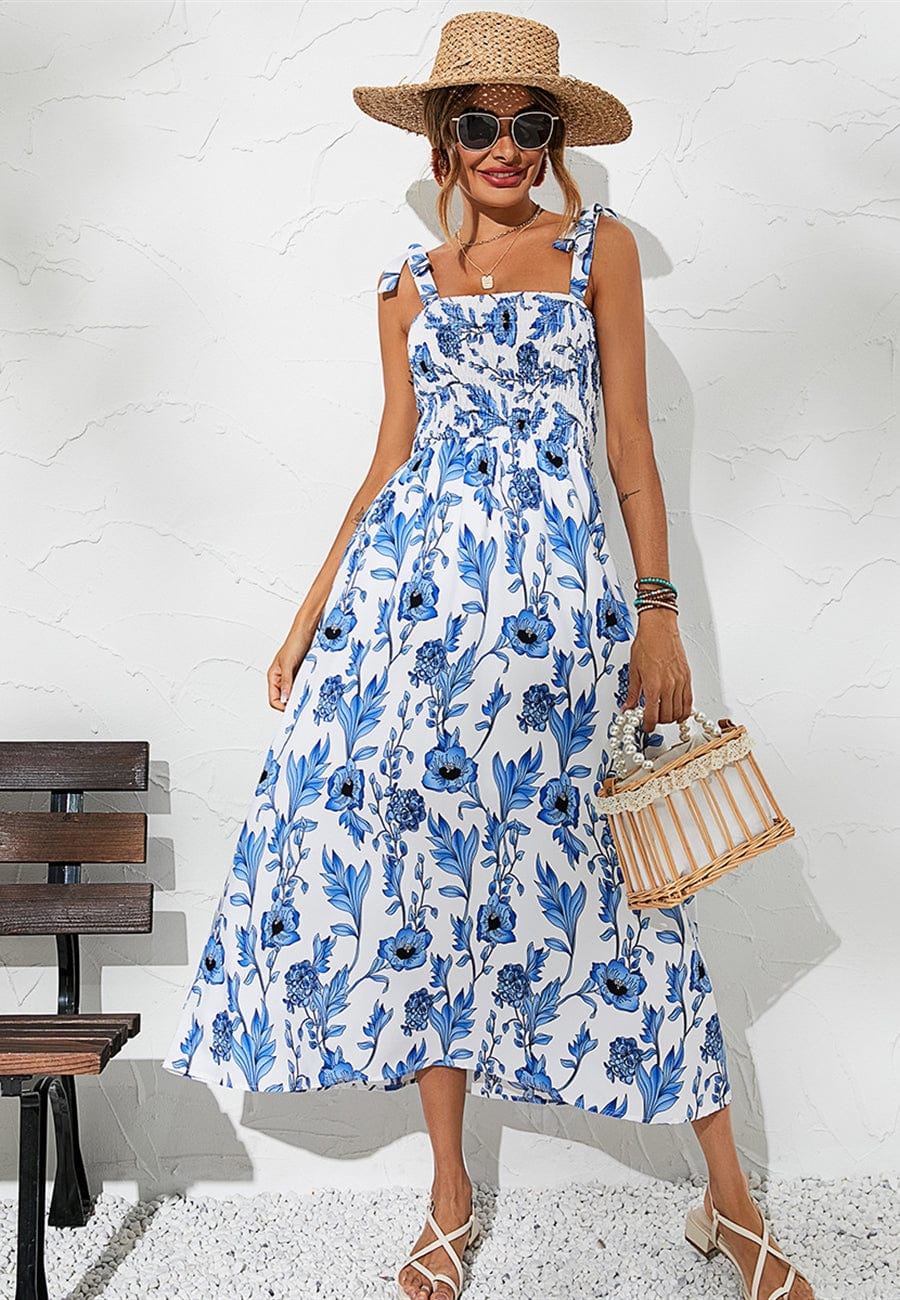 Tie Shoulder Shirred Floral Dress
