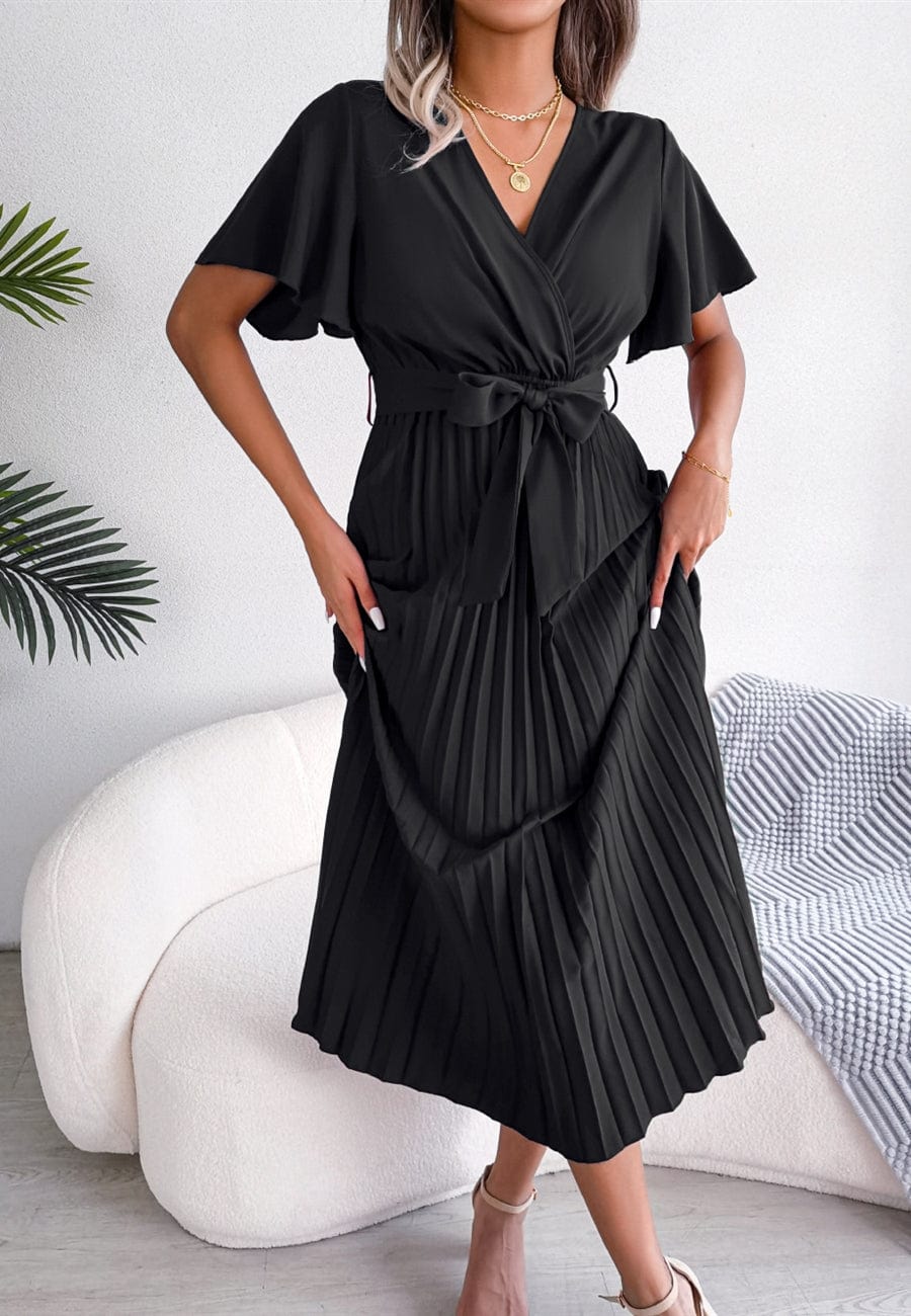 knee length dresses for ladies Candace Flutter Sleeve Faux-Wrap Midi Dress Black / Xs main image 0