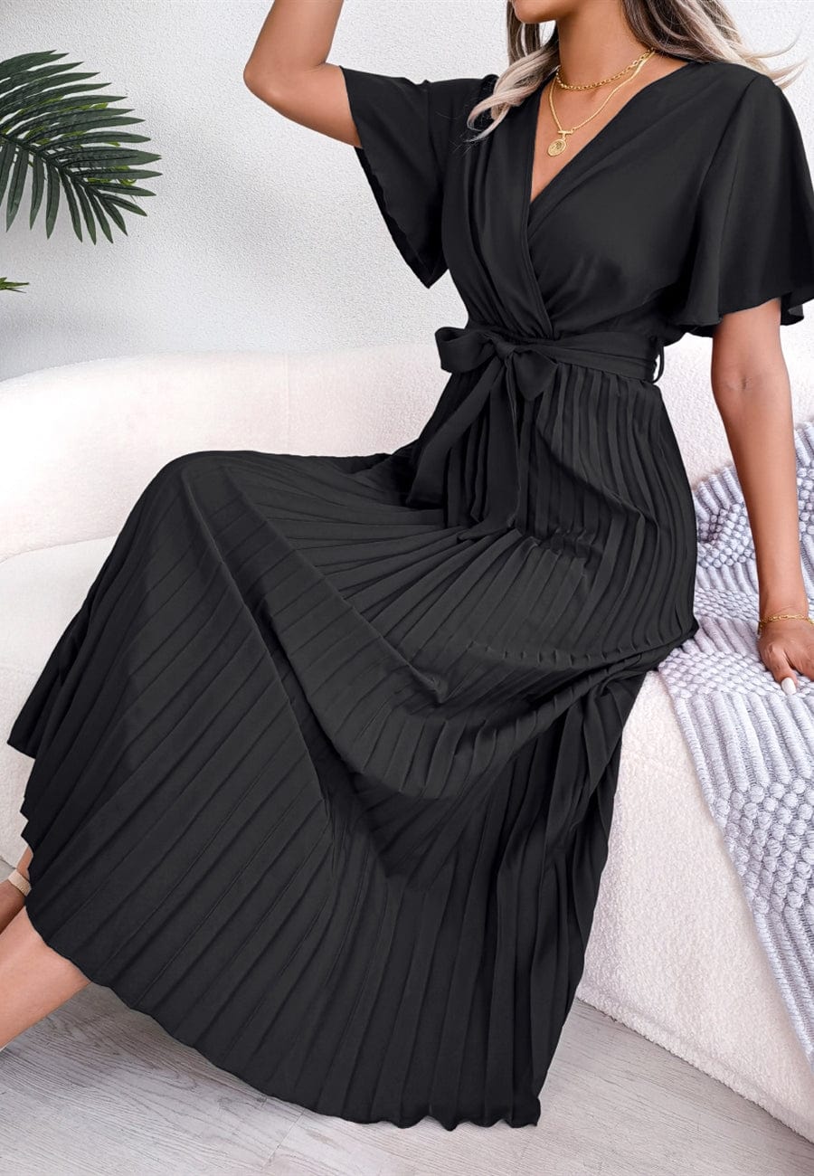 Vestido cruzado plisado con mangas abullonadas 