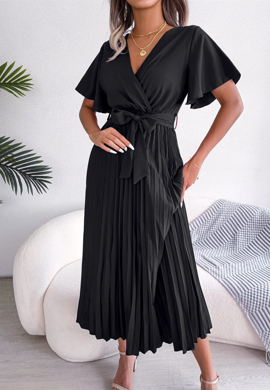 Vestido cruzado plisado con mangas abullonadas 