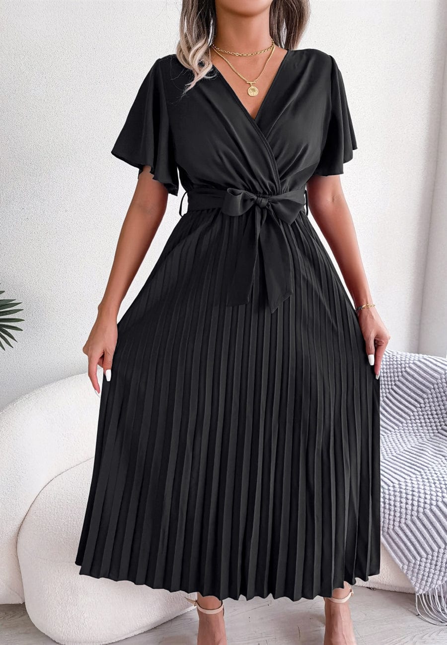 Vestido cruzado plisado con mangas abullonadas 