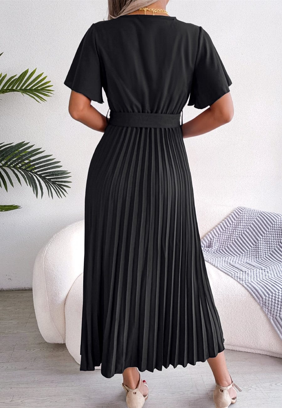 Vestido cruzado plisado con mangas abullonadas 