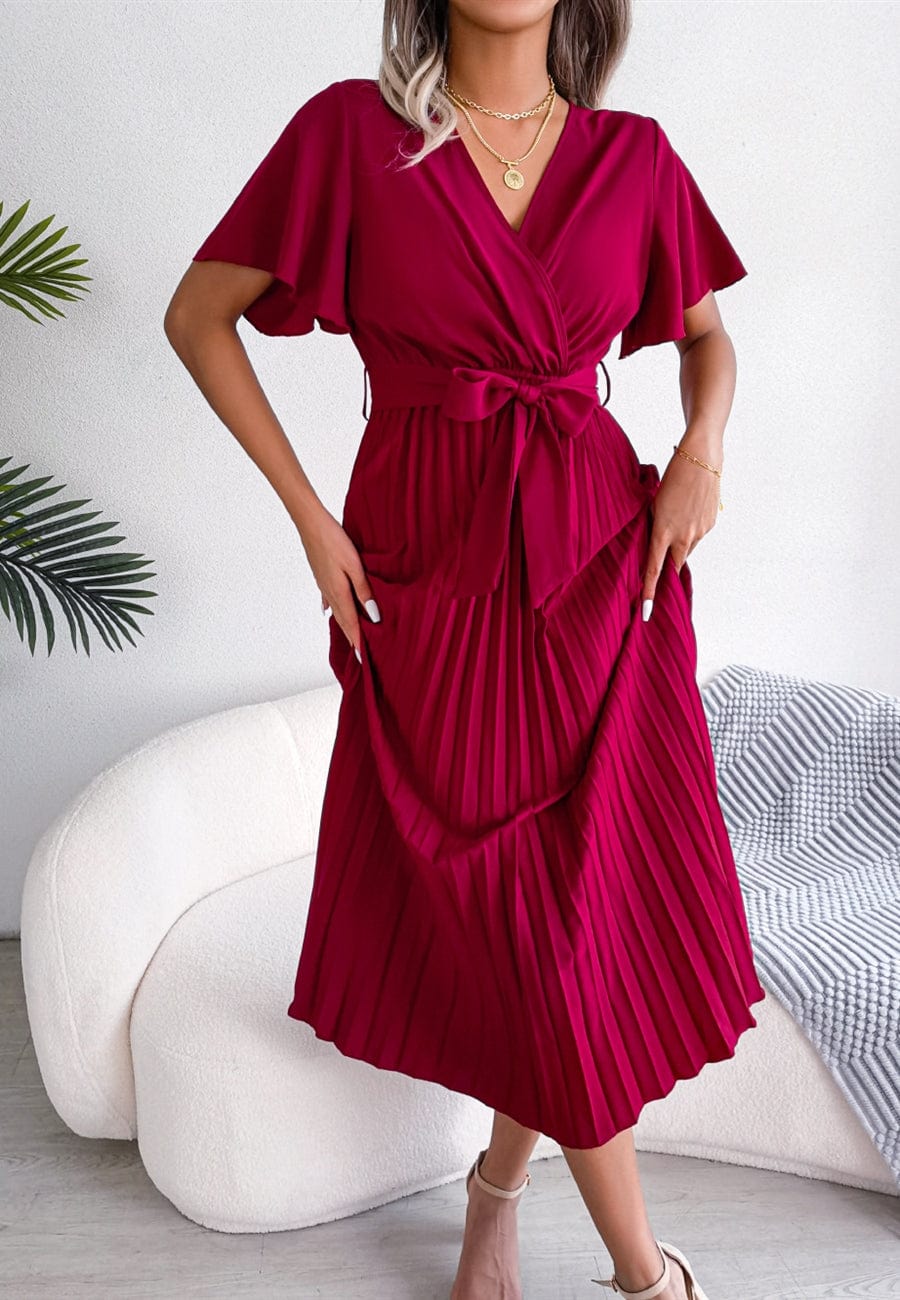 Flutter Sleeve Pleated Wrap Midi Dress for Women Mid-Calf Length – Anna-Kaci