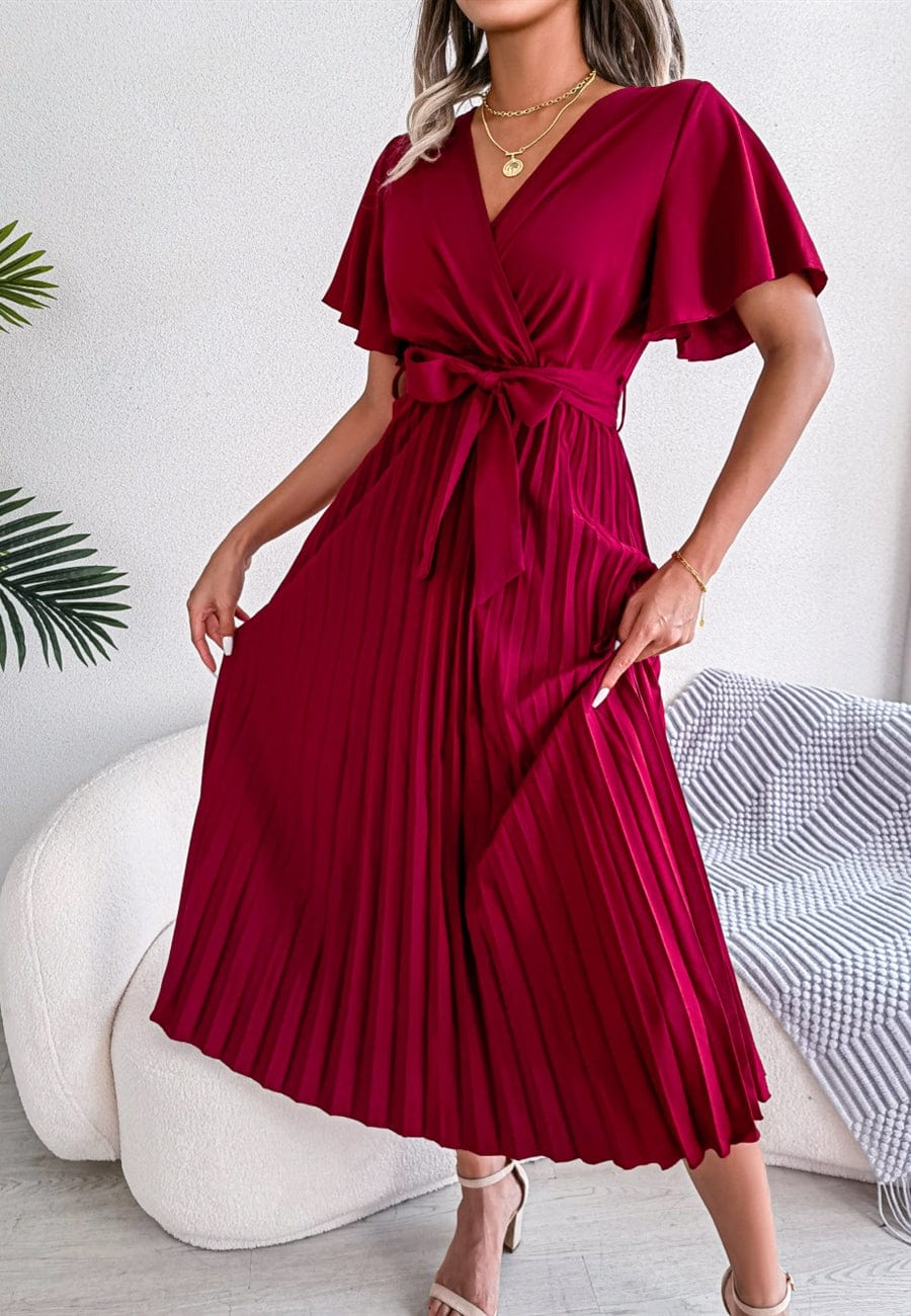 Flutter Sleeve Pleated Wrap Dress