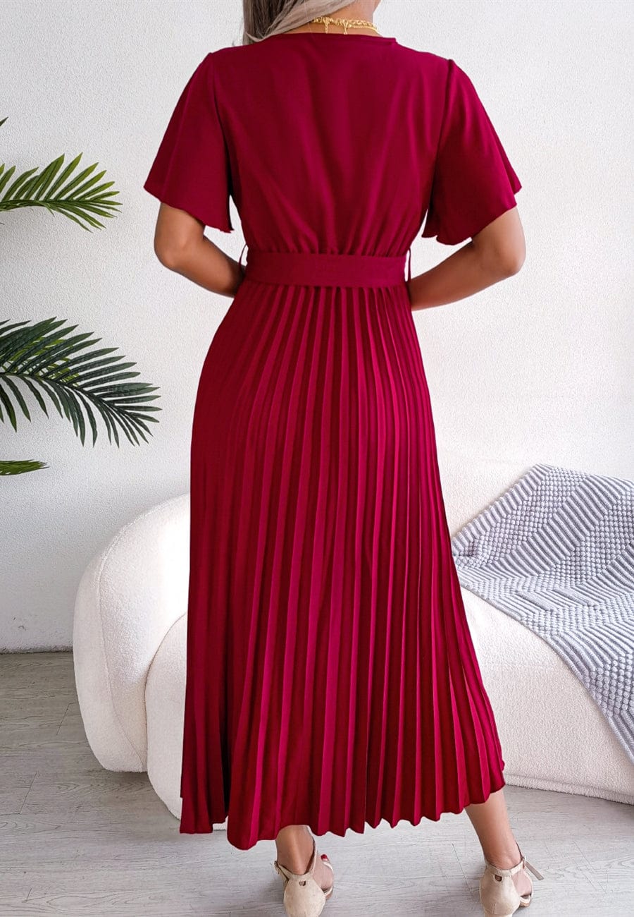 knee length dresses for ladies PLEATED MOCK NECK FLUTTER SLEEVE MIDI DRESS – JULIA JORDAN