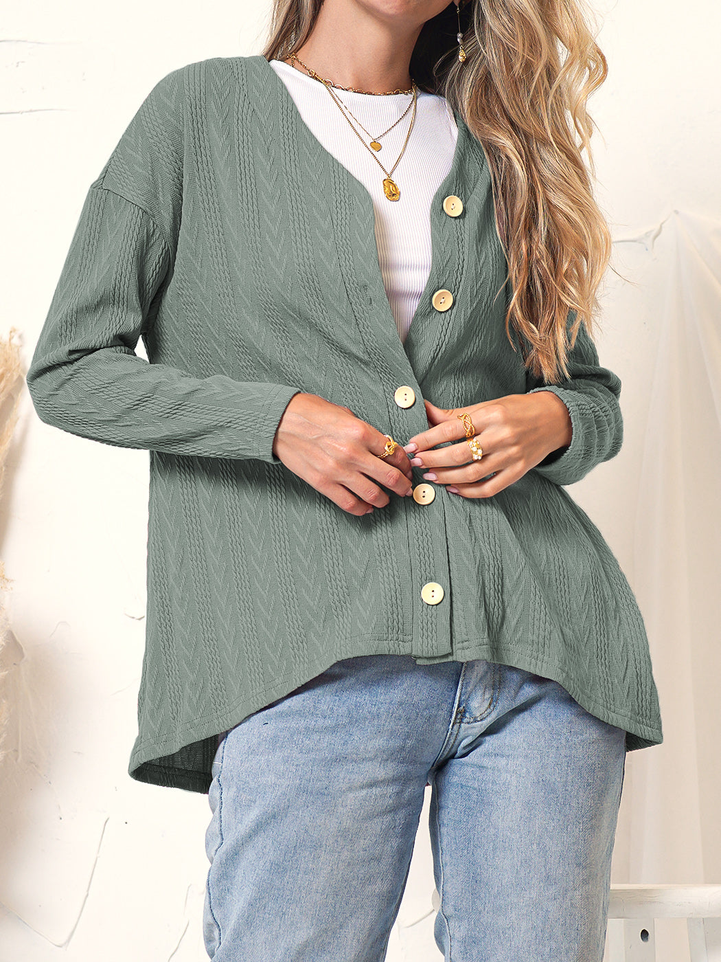 Anna-Kaci Women's Long Sleeve Button Down Knit Cardigan Top with Textured Pattern and Relaxed Fit