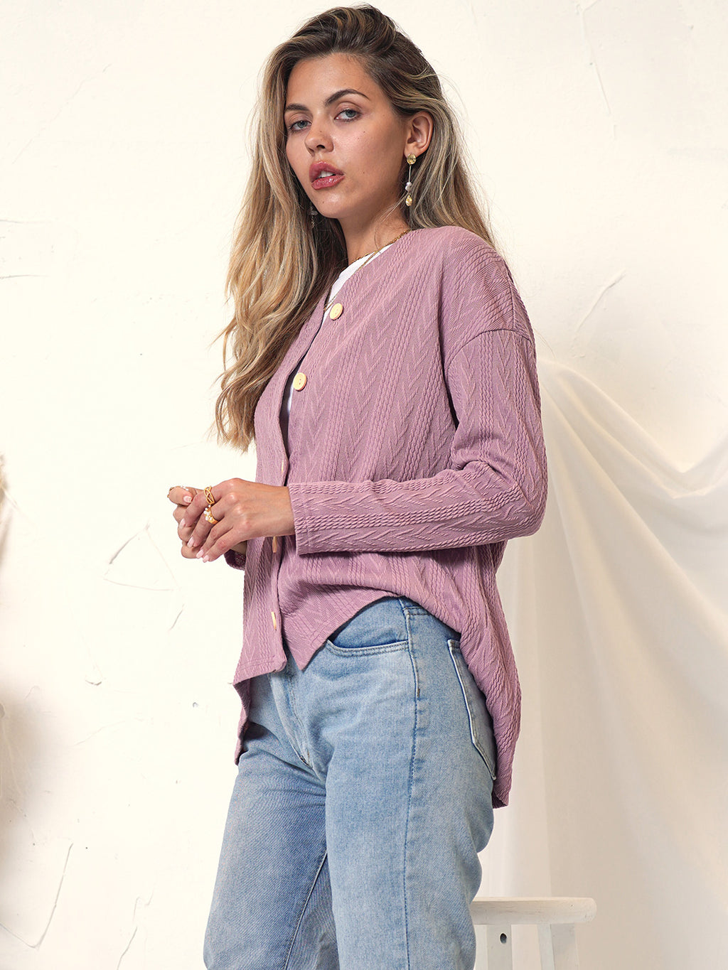 Anna-Kaci Women's Long Sleeve Button Down Knit Cardigan Top with Textured Pattern and Relaxed Fit