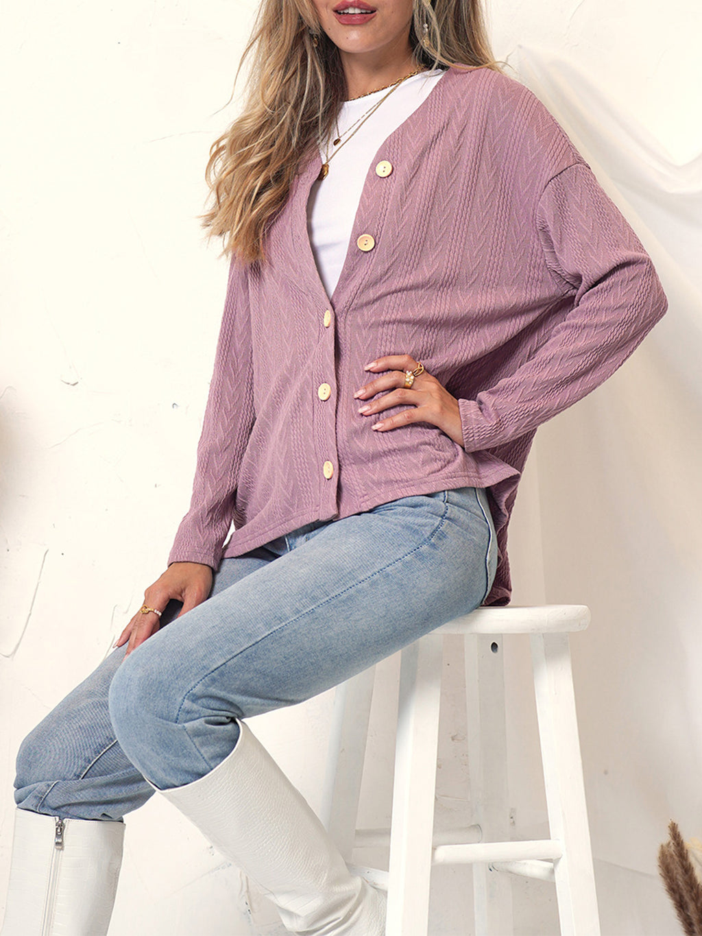 Anna-Kaci Women's Long Sleeve Button Down Knit Cardigan Top with Textured Pattern and Relaxed Fit