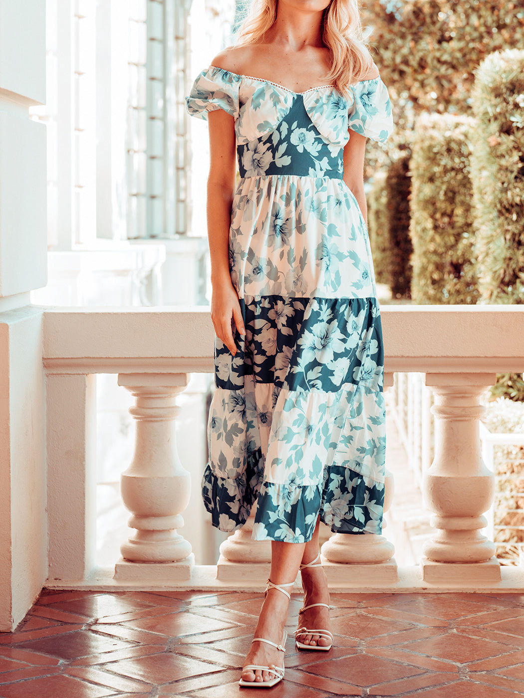 Backless Blue Tiered Floral Maxi Dress