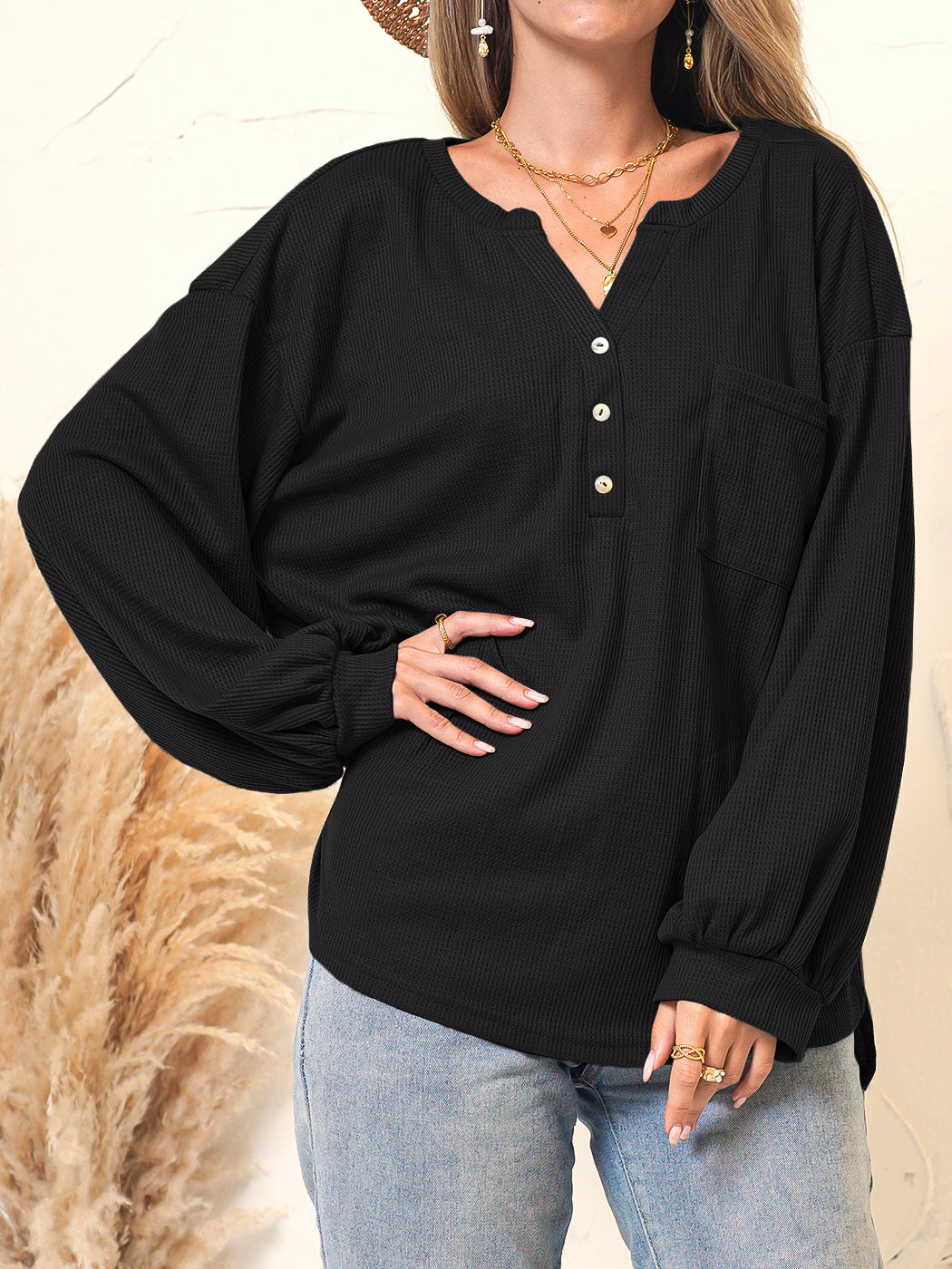 Suéter Henley con bolsillos de parche de color liso 