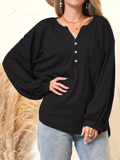 Suéter Henley con bolsillos de parche de color liso 