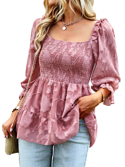 Shirred Floral Detail Peplum Blouse