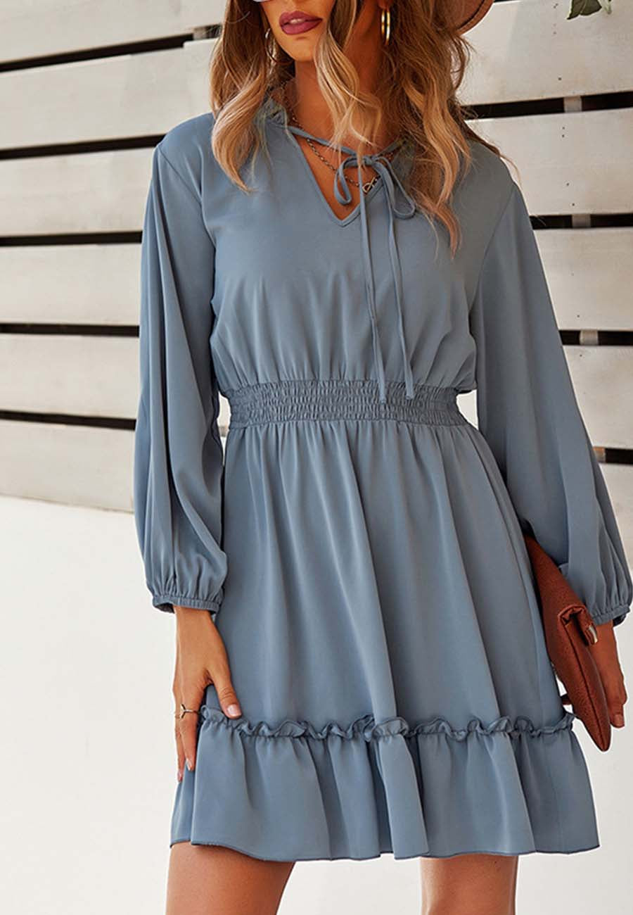 Vestido liso con cintura fruncida 
