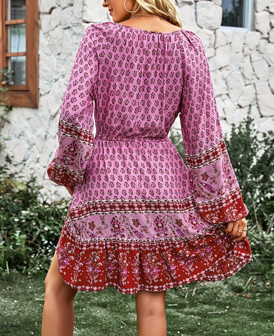 Vestido bohemio con cintura con lazo y borlas 
